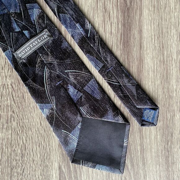 David Taylor Blue Black Silver Abstract Artsy Men's Neck Tie 57 x 4 Made in USA - Picture 5 of 6